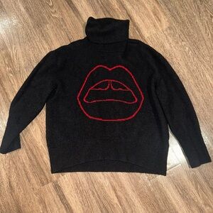 Markus Lupfer Black Turtleneck with Red Lips Motif Size Large